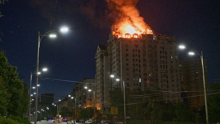 An apartment building burns after a Russian missile attack in Kyiv, Ukraine, Thursday, July 2, 2026.