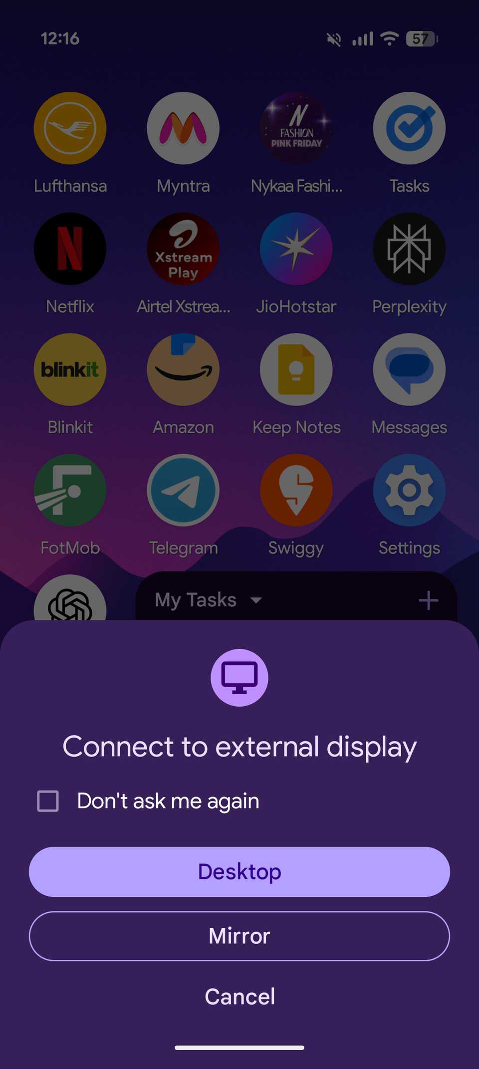 Android prompt asking to connect phone to external display