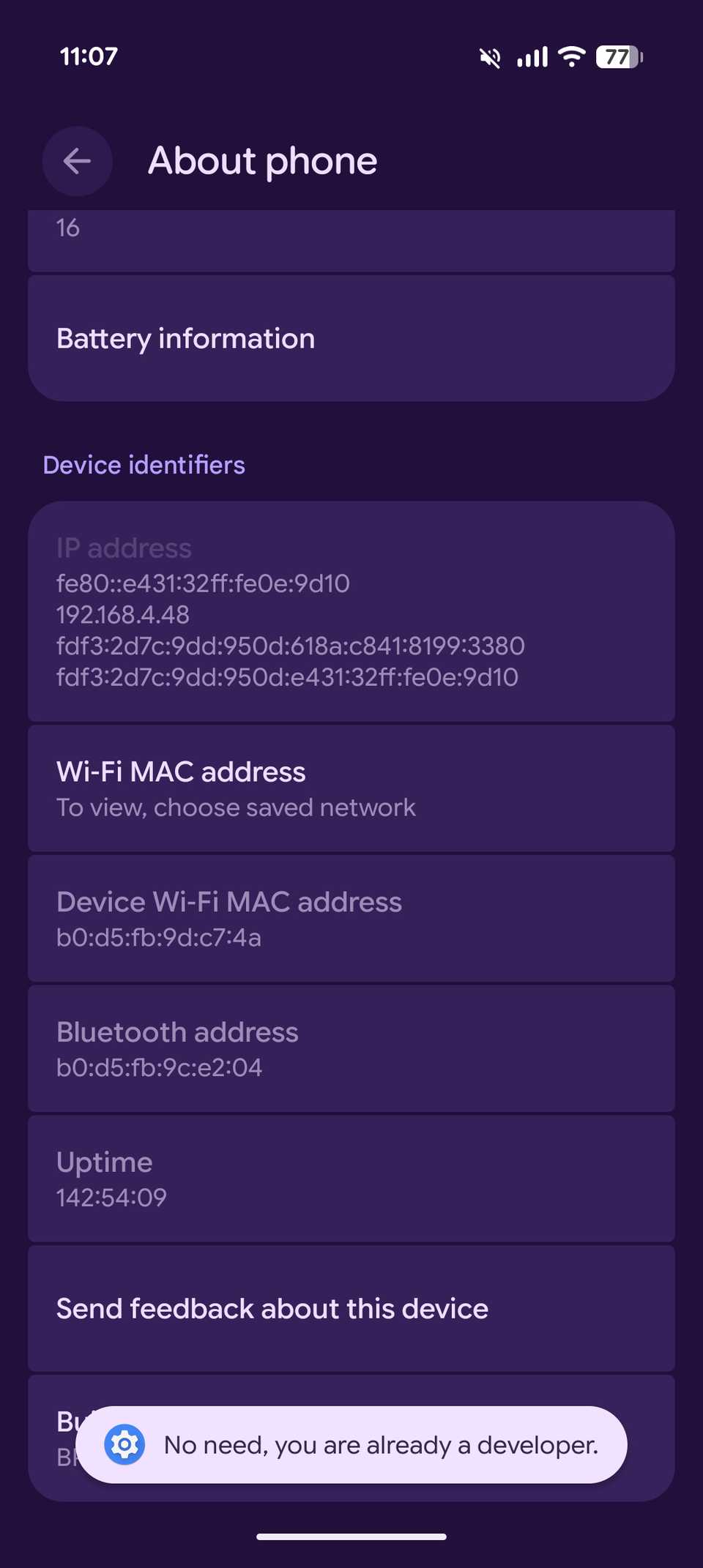 About phone screen showing Android version and device identifiers