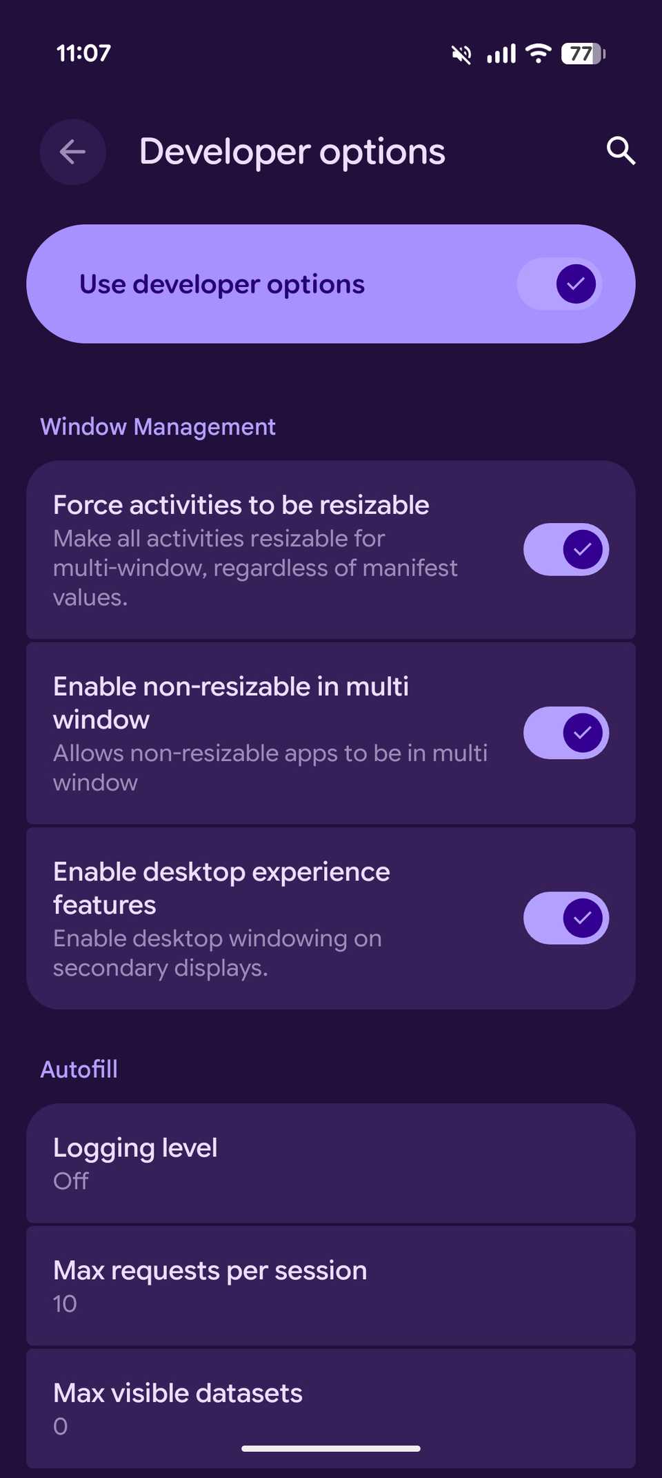 Developer options enabled with desktop experience features toggled on