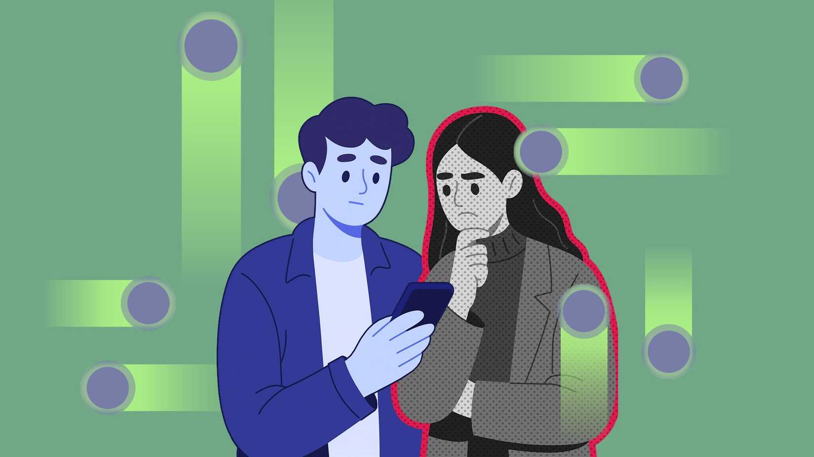 Illustration of a man using gesture navigation while a woman watches closely beside him