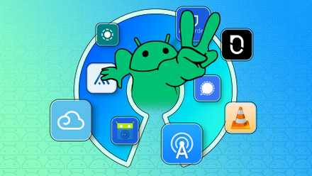 Android mascot emerging from the open-source icon, with various app logos around it
