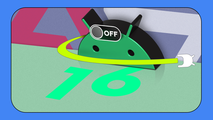 Android mascot with a power toggle set to off, partially hidden behind the number 16, symbolizing disabled Android 16 features.