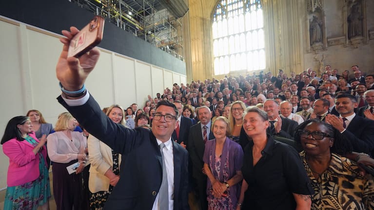 Andy Burnham with colleagues from the Parliamentary Labour Party in Westminster Hall at the Houses of Parliament in central London, as he returns to the House of Commons to take up his seat after winning the Makerfield by-election, Monday June 22, 2026.