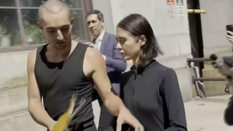 Angelina Nikolau and Ivan Kuznetsov, who go by Angela Nikolau and Ivan Beerkus, depart New York criminal courthouse building on Thursday, July 2, 2026.