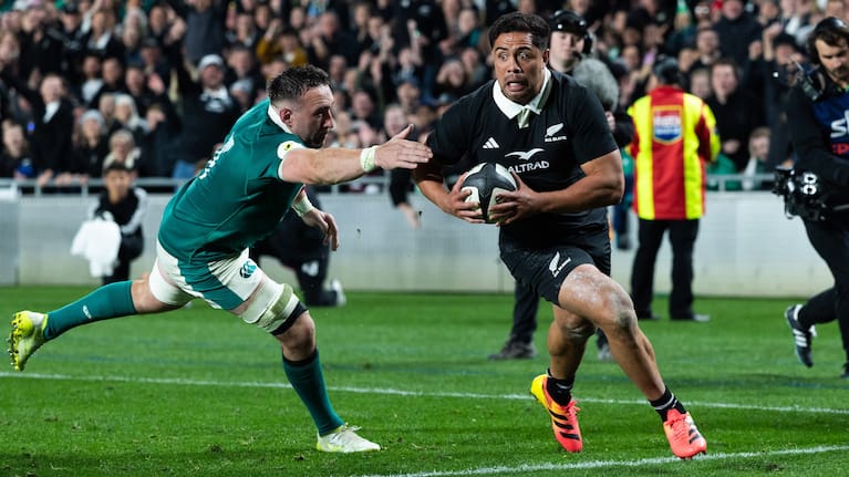 Anton Lienert-Brown scores late for the All Blacks at Eden Park.