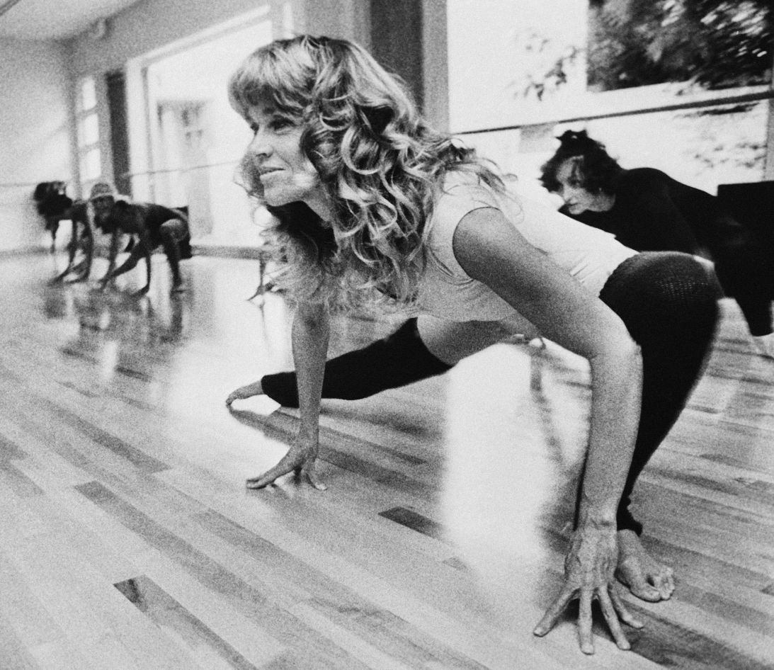Jane Fonda exercises in her Beverly Hills salon in 1979.