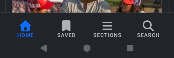 Mobile app bottom navigation bar with Home (blue), Saved, Sections, and Search icons.