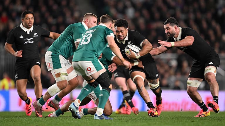 Ardie Savea carries the ball in traffic at Eden Park.