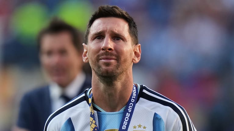 Argentina's Lionel Messi (10) cries at the end of the World Cup final soccer match between Spain and Argentina in East Rutherford, N.J., near New York, Sunday, July 19, 2026.