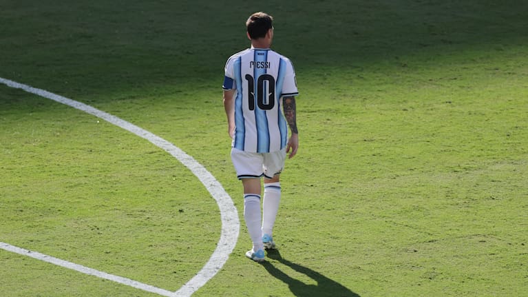 Argentina's Lionel Messi (10) walks on the pitch during the World Cup final soccer match between Spain and Argentina in East Rutherford, N.J., near New York, Sunday, July 19, 2026.