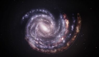 An artist’s concept showing the Milky Way galaxy as seen from above, with the estimated positions of spiral arms based on previous data, in blue. Credit: NASA/CXC/SAO/M.Weiss