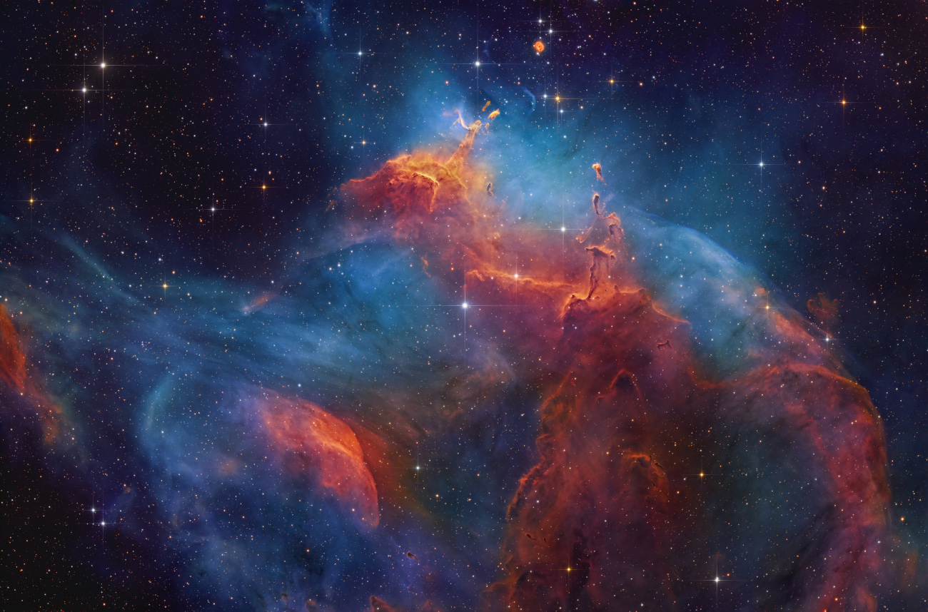 Stars & Nebulae. "Gum 37: The Southern Tadpoles (or 'Teapot Nebula')" © Ani Shastry (USA). Gum 37 is an HII complex in the southern sky, where stellar radiation carves pillars, rims and curling shock fronts. It is commonly called the Southern Tadpoles Nebula, but Ani Shastry suggests it resembles a cosmic teapot. Taken with a PlaneWave Instruments CDK20 telescope, PlaneWave Instruments CDK500 mount, Moravian Instruments C3-61000 Pro camera, 3,454 mm f/6.8, 20 x 1,200-second H-alpha exposures, 20 x 1,200-second OIII exposures, 20 x 1,200-second SII exposures, 30 x 120-second R, G and B exposures, 23 hours total exposure Location: El Sauce Observatory, Río Hurtado, Chile, 10 February 2026