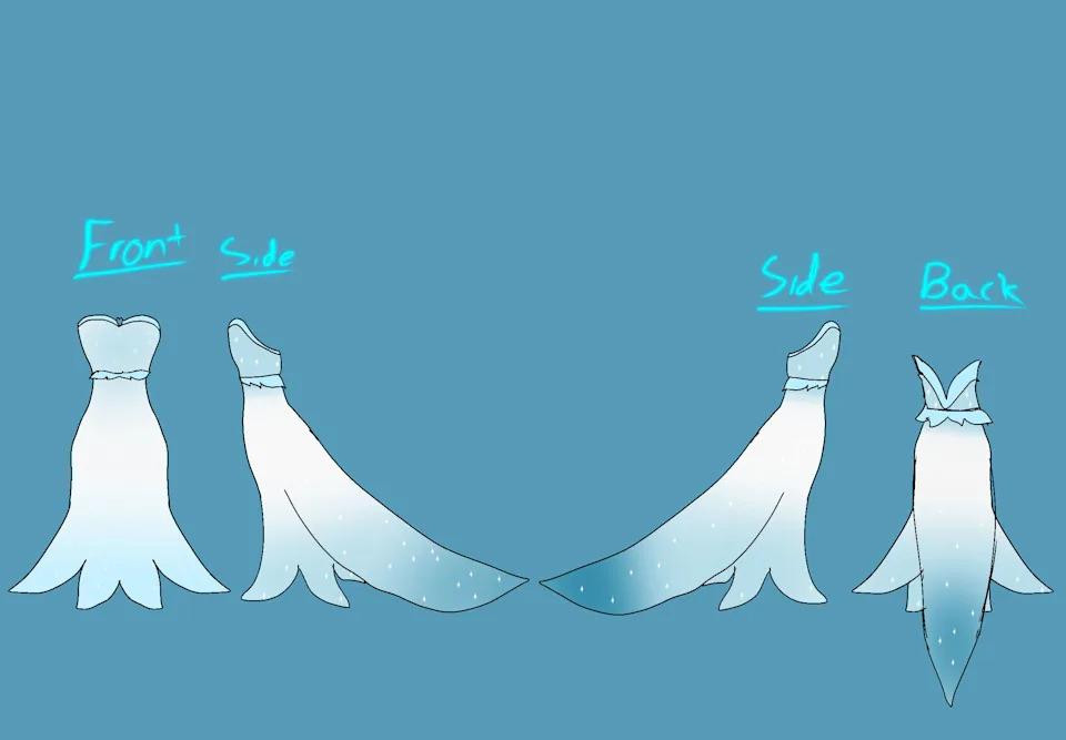 A digital illustration of a white wedding dress shown from the front, side and back.