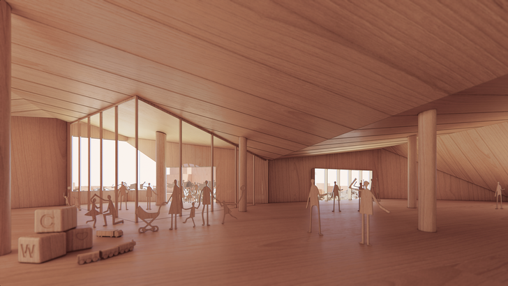 The top level of the proposed three-level library is dedicated for children, and is designed to open onto a terrace overlooking the park.