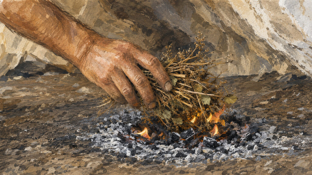 AI Illustration of a hand placing kindling of twigs and leaves on a small flame.