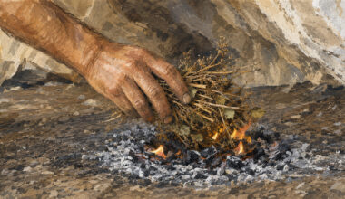 AI Illustration of a hand placing kindling of twigs and leaves on a small flame.