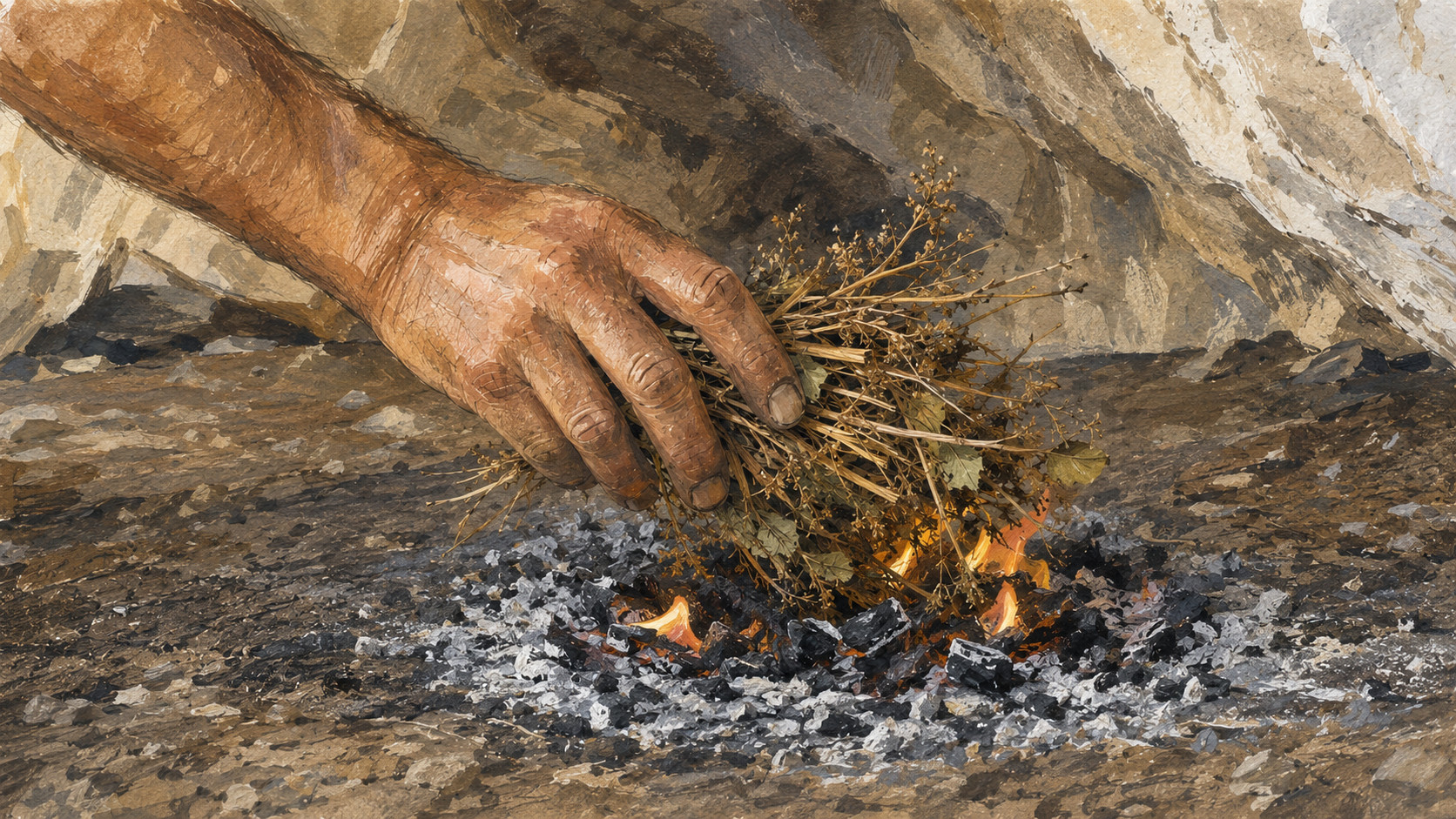 AI Illustration of a hand placing kindling of twigs and leaves on a small flame.