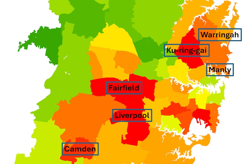 a map of sydney showing sections in red and green