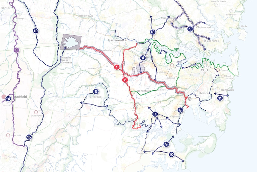 A map showing a series of routes overlaid on a map of Sydney.