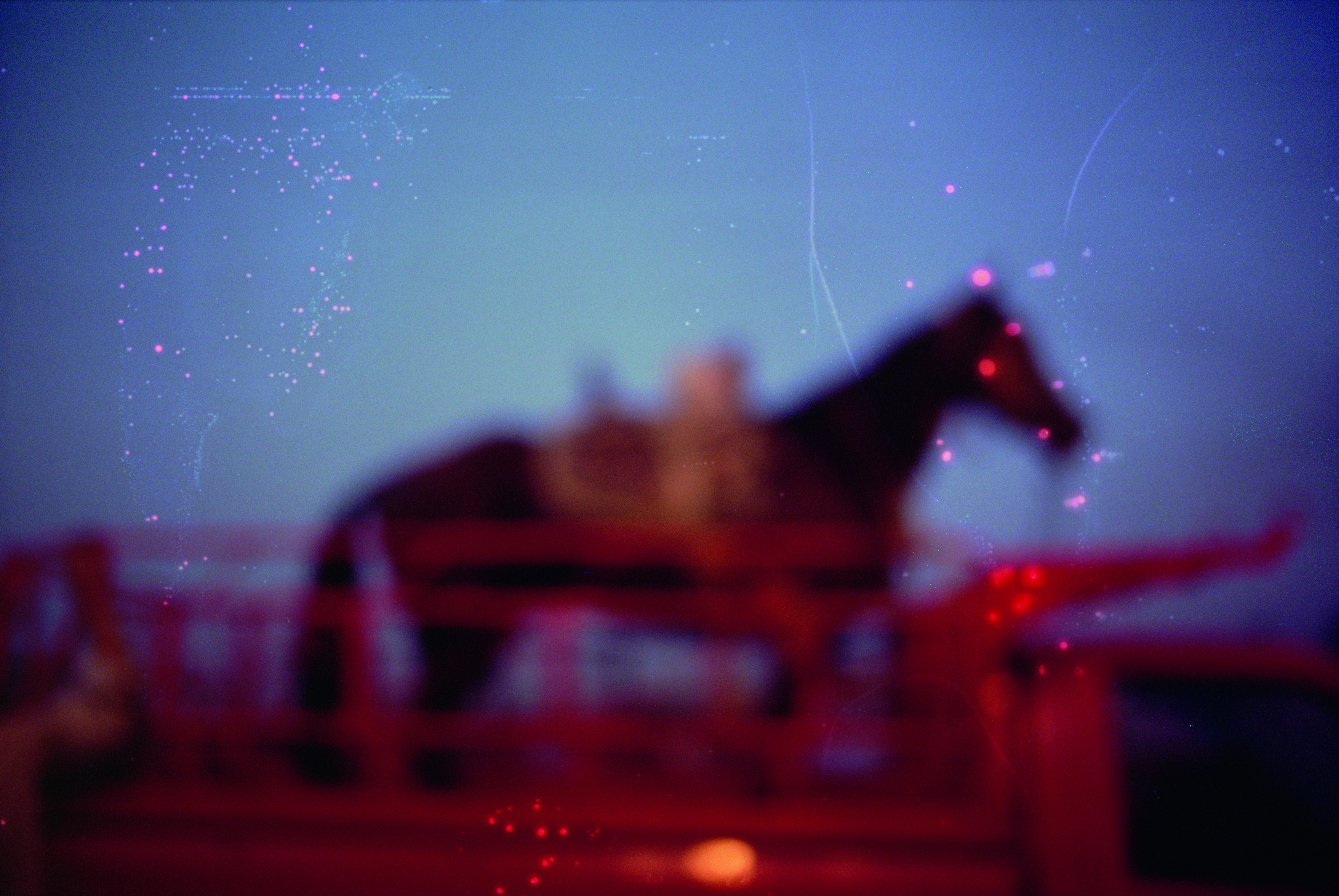 A horse stands harnessed to a red cart at dusk, its silhouette softened by warm, hazy light.