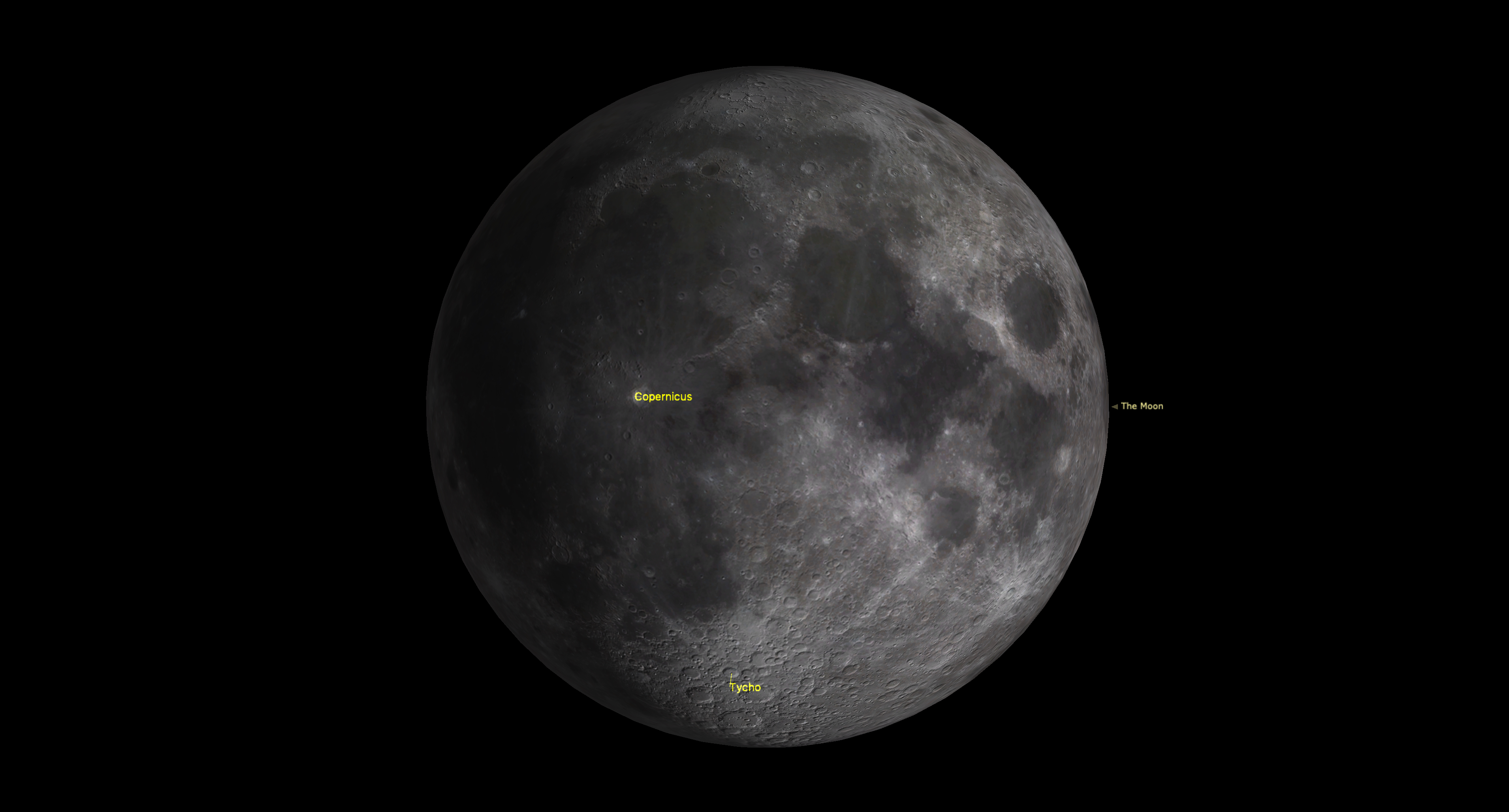 Close-up of the waxing gibbous moon highlighting the bright ray craters Tycho and Copernicus.