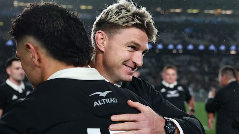 Beauden Barrett congratulates Quinn Tupaea after the All Blacks' win over Ireland.