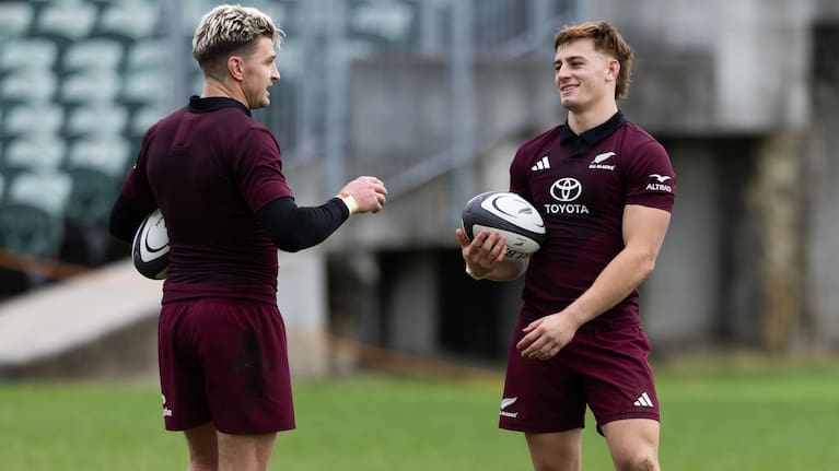 Beauden Barrett, left, and Ruben Love train with the All Blacks.