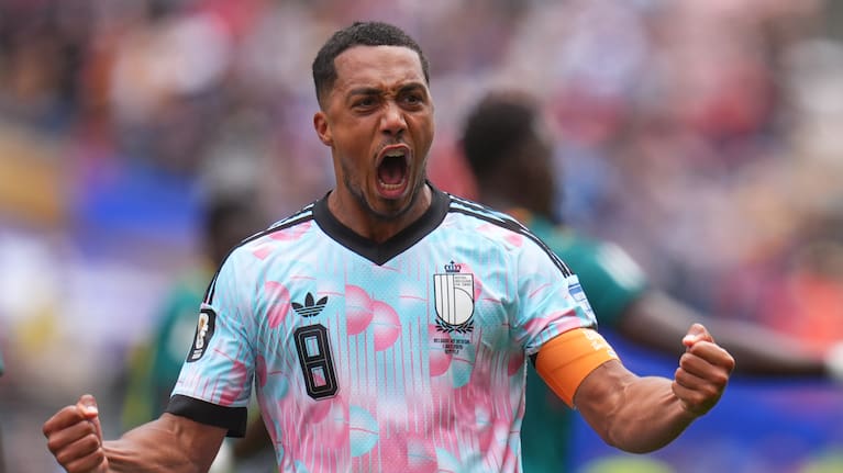 Belgium's Youri Tielemans (8) celebrates after scoring during the World Cup round of 32 match between Belgium and Senegal in Seattle