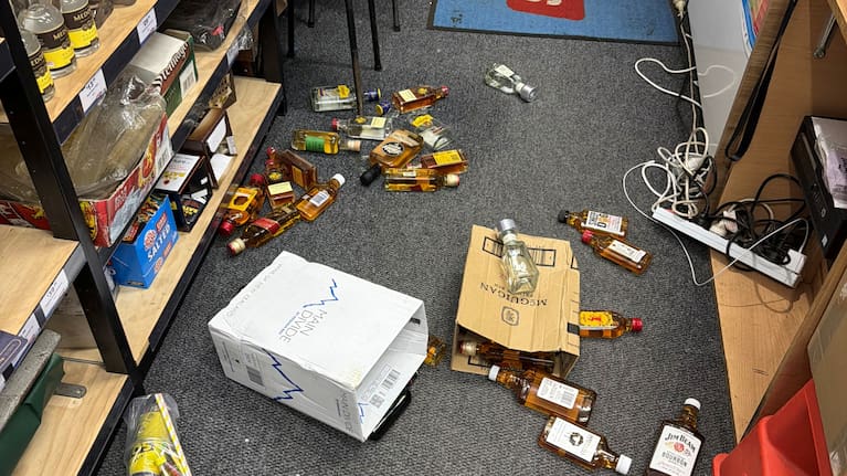 Bottles of alcohol were strewn across the floor at Super Liquor Taumarunui.