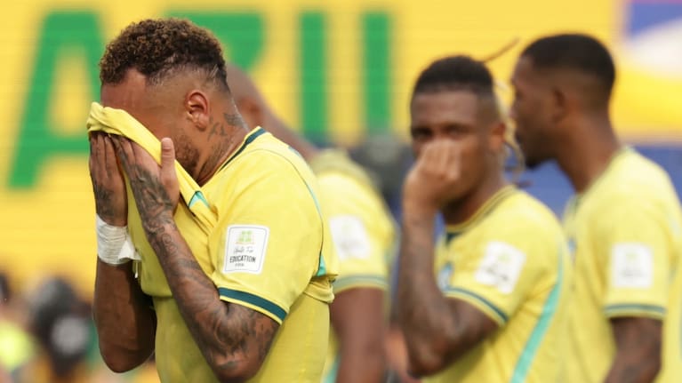 Brazil's Neymar (10) reacts at the end of the World Cup round of 16