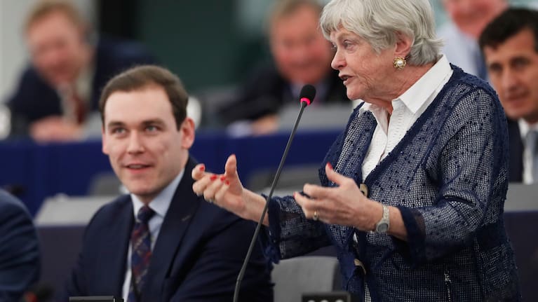 Britain's European parliament member Ann Widdecombe, right, of the Brexit party, speaks during a debate at the European parliament in 2020. 