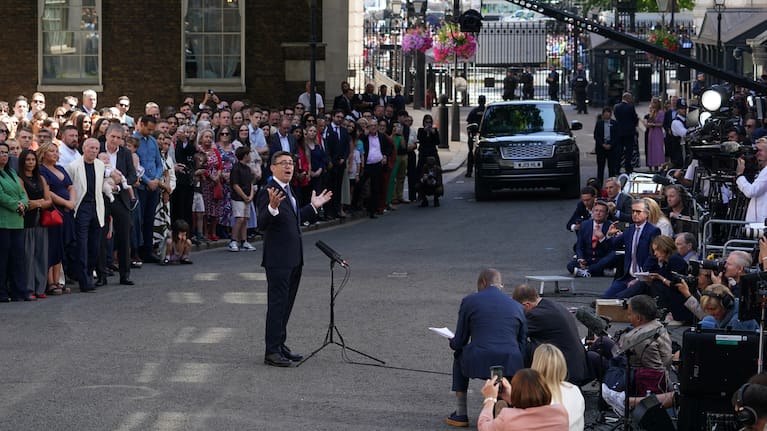 Britain's new Prime Minister Andy Burnham speaks to staff and media at 10 Downing Street in London, Monday, July 20, 2026.