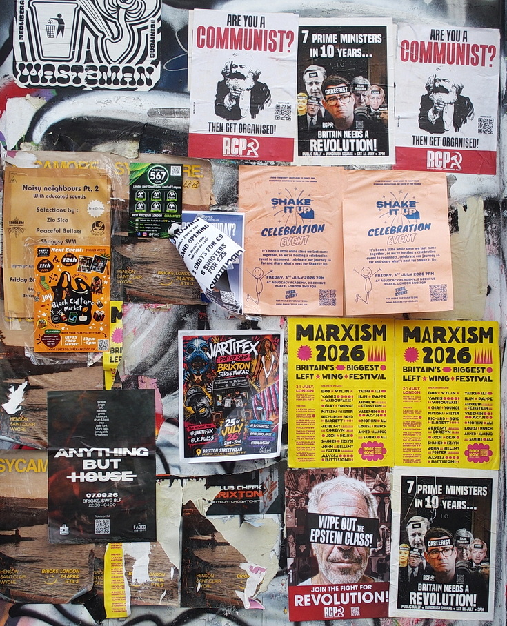 Photo feature: street posters and stickers on the streets of Brixton, July 2026