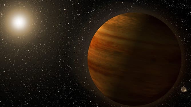 This artist’s concept visualizes Gaia23bra b, the first microlensing planet orbiting a distant star found by NASA’s TESS (Transiting Exoplanet Survey Satellite). This super-Jupiter orbits an orange dwarf star at a distance similar to Jupiter’s distance from the Sun.