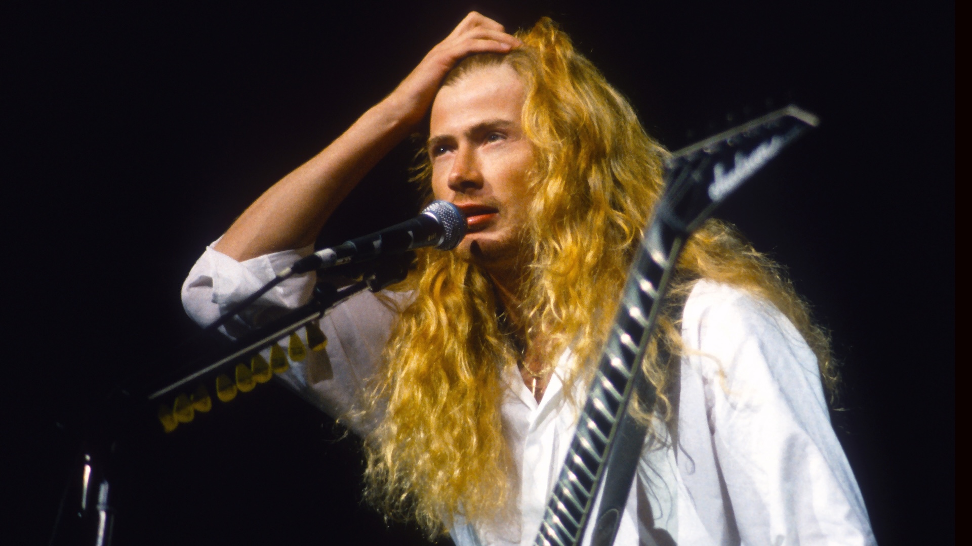 Dave Mustaine during the Clash of the Titans tour in Belgium, 1990