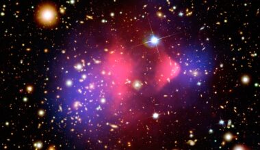 Astronomers found a third galaxy with almost no dark matter, and all three sit on the same straight line — pointing to a collision that tore ordinary matter loose