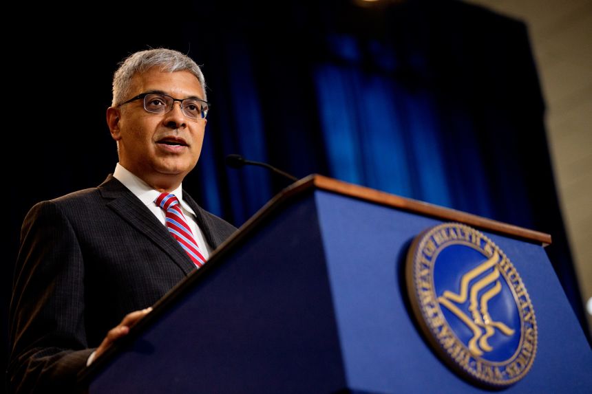 National Institutes of Health Director Dr. Jay Bhattacharya speaks during a news conference on April 22, 2025, in Washington.