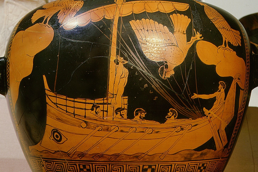 This vase depicting Odysseus tied to the mast listening to the songs of the Sirens is dated circa 480 BC.