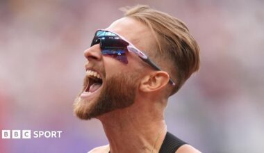 Josh Kerr celebrates after breaking the men's mile world record