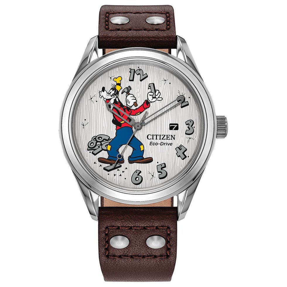 citizen eco drive watch with cartoon character and leather strap.