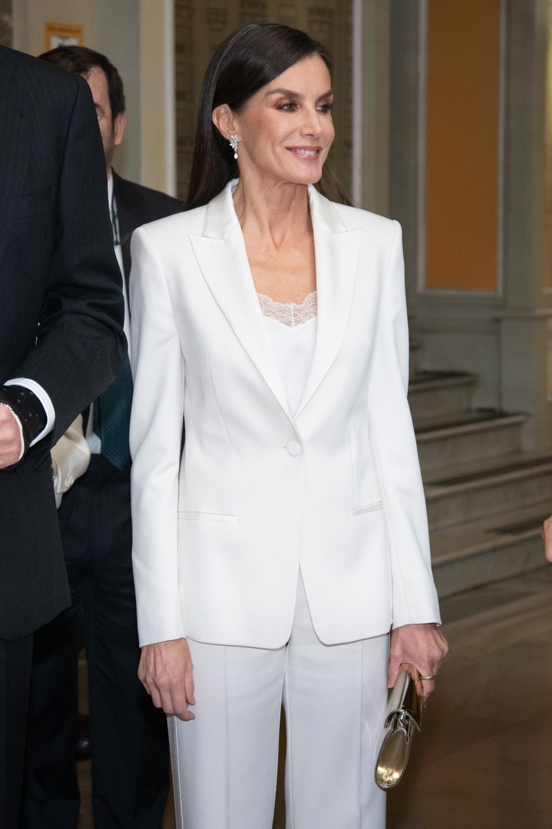 Queen Letizia wore a striking white Hugo Boss pantsuit to the Francisco Cerecedo Journalism Award ceremony in Madrid on November 27, 2023.