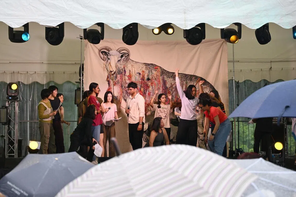 Singapore artist Tang Da Wu’s performance at Gillman Barracks in 2024, inspired by a Teochew parable of a boy coming across a baby goat suckling.