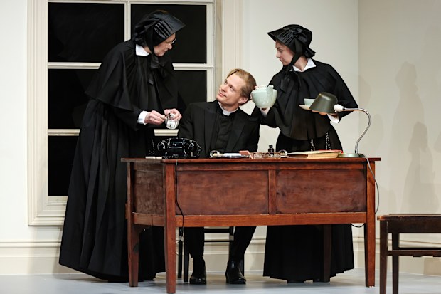 Pamela Rabe as Sister Aloysius, Sam Reid as Father Flynn, and Shannen Alyce Quan as Sister James in Sydney Theatre Company’s revival of Doubt: A Parable.