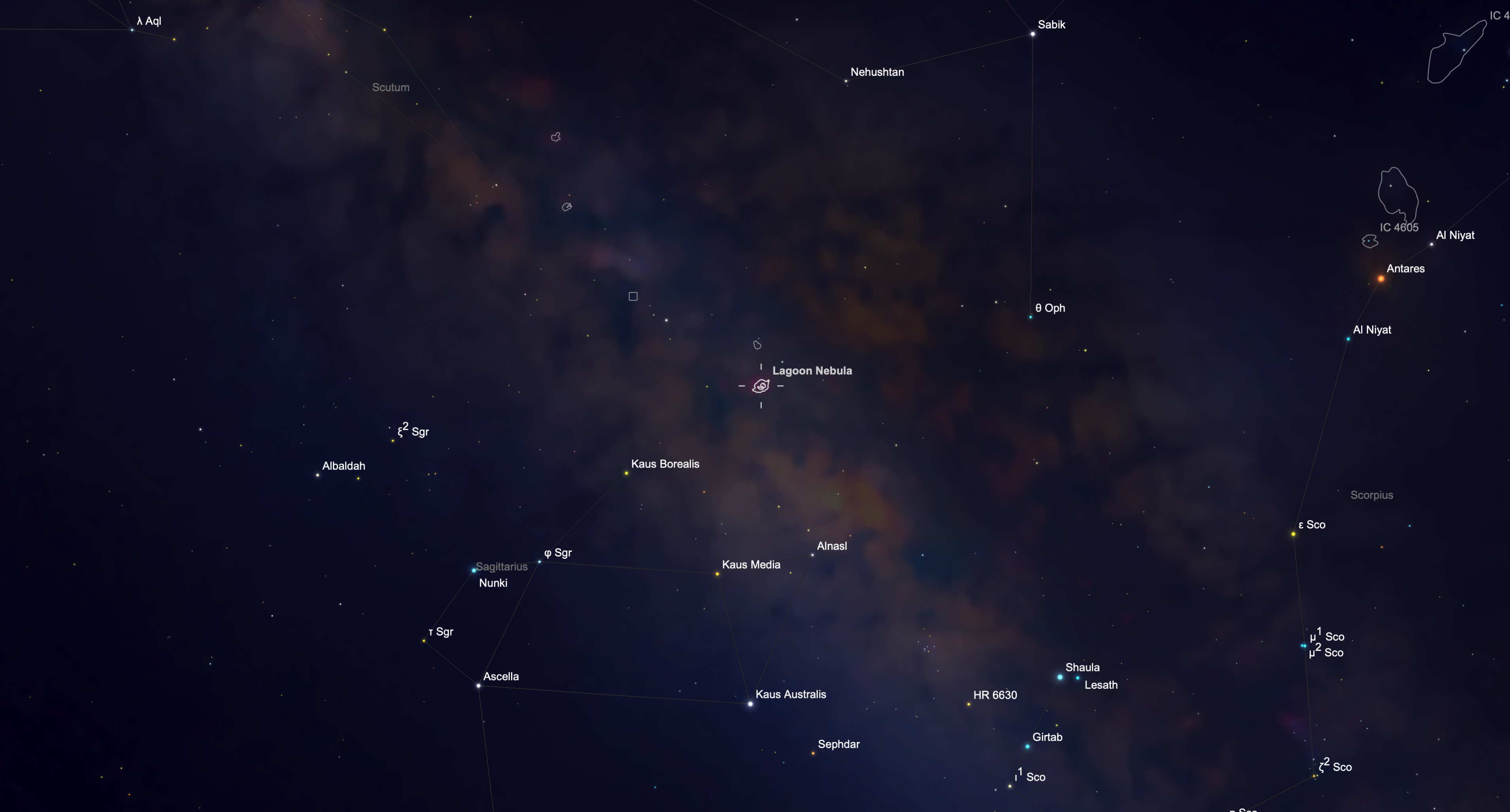 Star chart showing the Sagittarius Teapot asterism with the Lagoon Nebula (M8) located above the spout near the center of the Milky Way.
