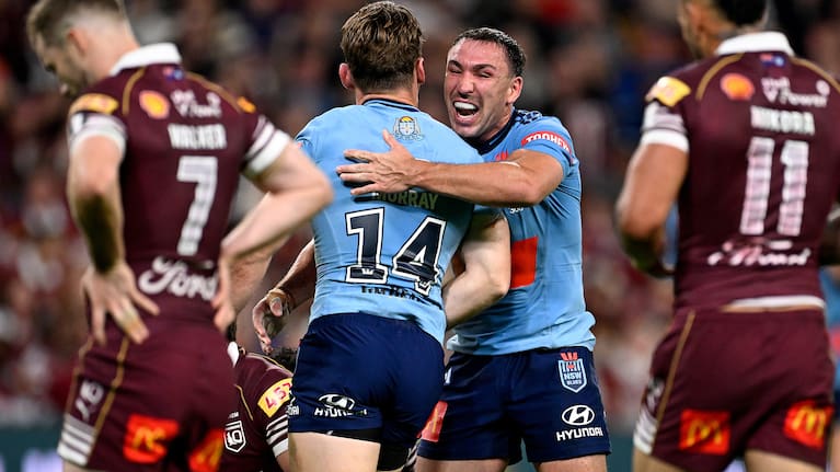 Cameron Murray of the Blues (left) celebrates with Reece Robson after scoring a try during Game 3 of the 2026 State of Origin between the Queensland Maroons and NSW Blues at Suncorp Stadium in Brisbane, Wednesday, July 8, 2026.