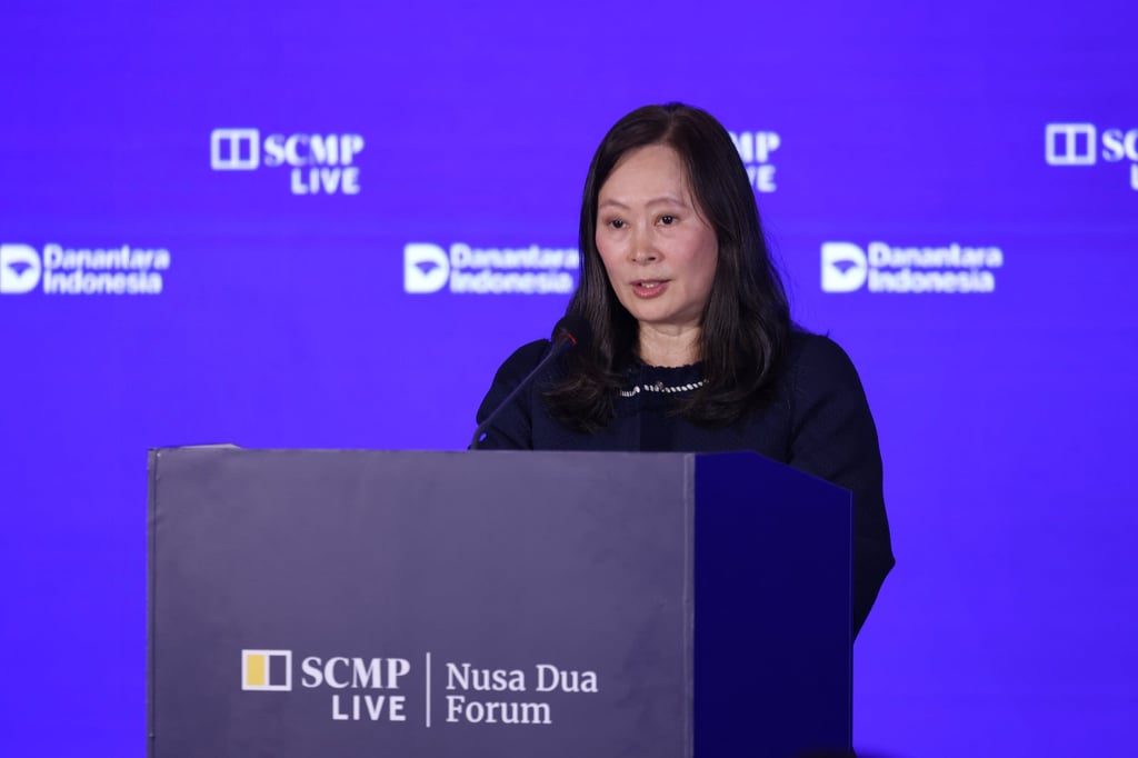 SCMP publisher Tammy Tam delivers welcome remarks at the Nusa Dua Forum in Bali on Friday. Photo: Nora Tam