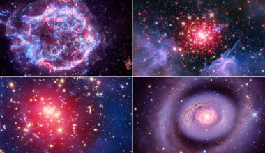 A collage of four colorful astronomical images, featuring nebulae, star clusters, and a spiral galaxy, filled with bright stars, glowing gas, and cosmic dust against a dark space background.