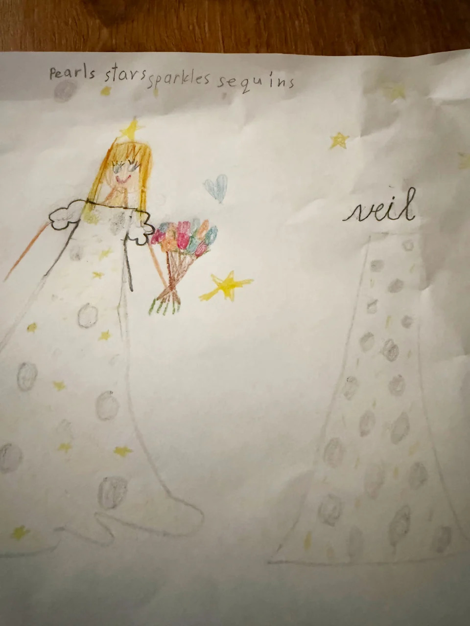 A child's drawing of a smiling bride in a long white wedding dress decorated with pearls, stars, sparkles and sequins.