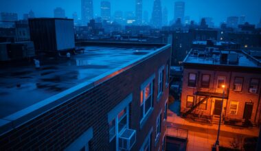 window air conditioner on brick apartment at night showing urban heat island effect, cities summer nights